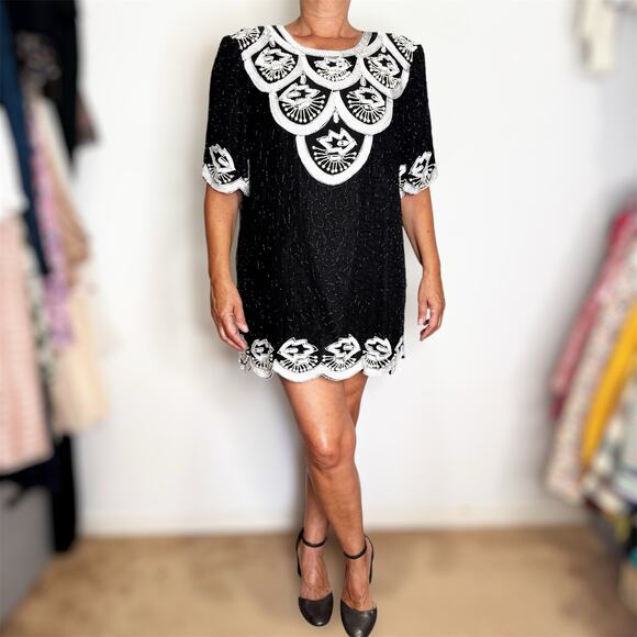 Vintage Roaman’s Beaded Sequin Scalloped Statement Unique Mini Dress - Picture 1 of 15